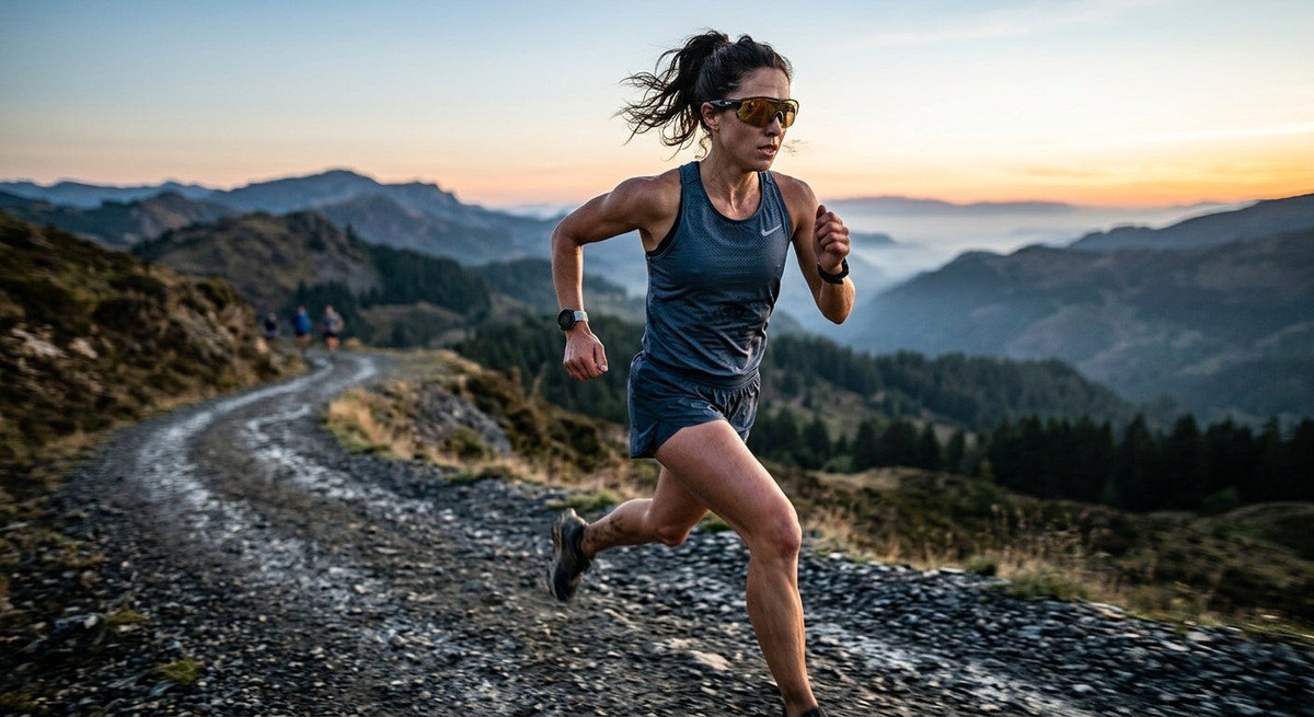A dynamic action shot of a runner in motion, captured with high-speed photography to highlight the protective wraparound design of their performance eyewear.