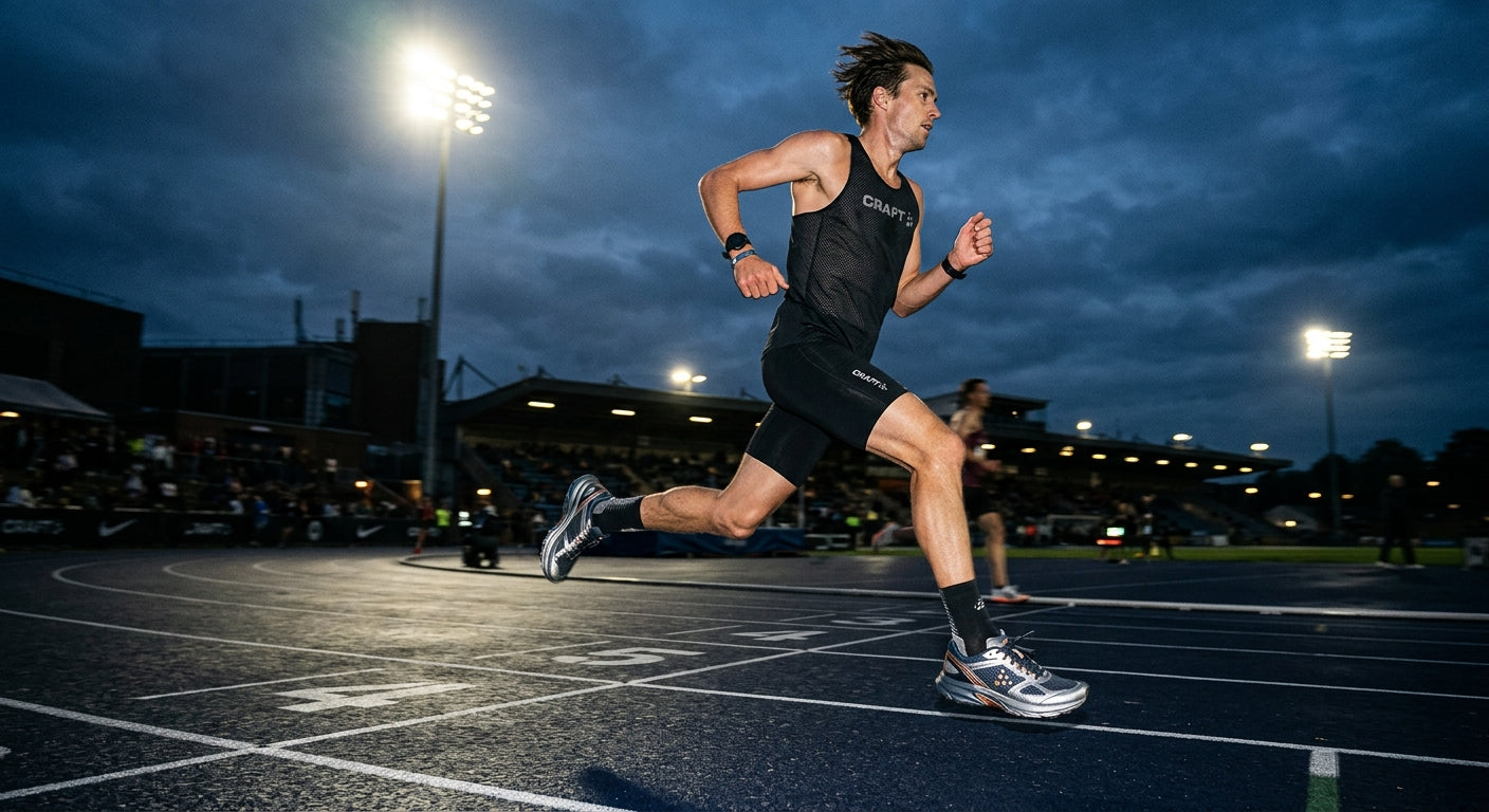 A dynamic athletic scene showing a runner on a dark, moody track at dusk, with the Craft Vild illuminated by stadium floodlights to accentuate the shoe's structural details and metallic accents.