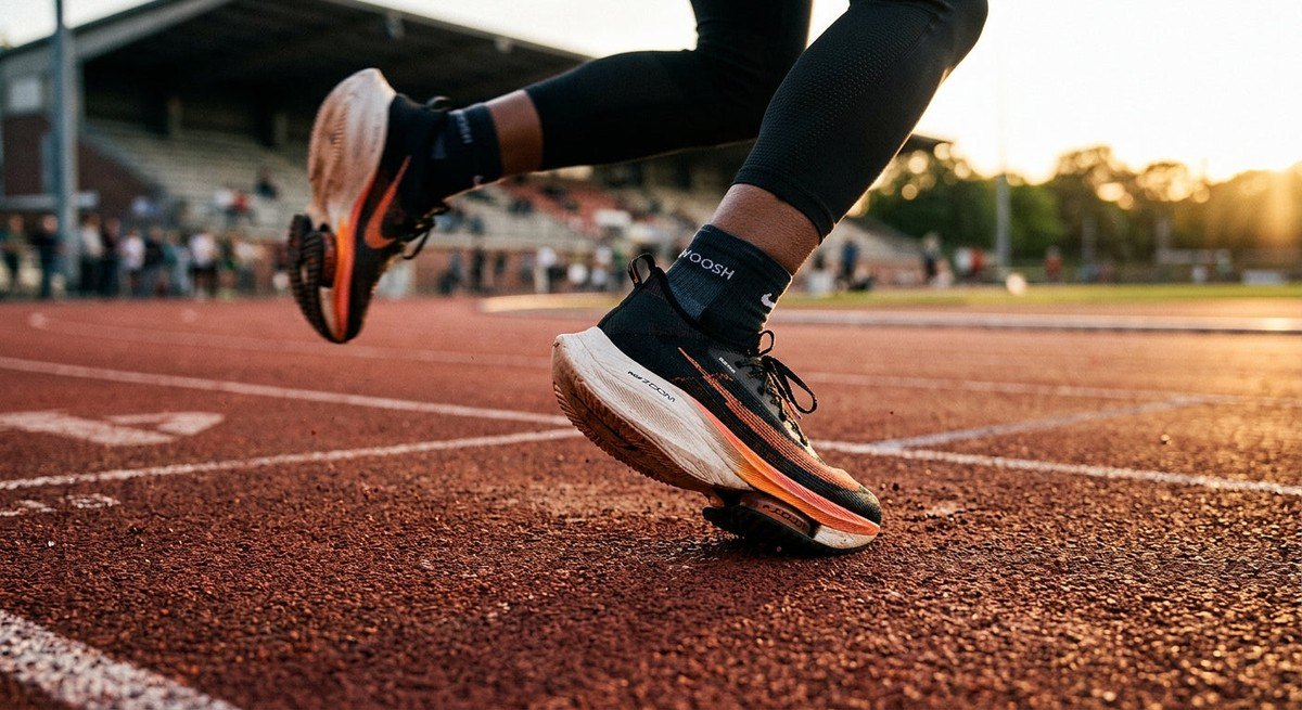 A dynamic, blurred action shot of a runner's feet striking the track, emphasizing the texture of the running gear and the intensity of the training session.