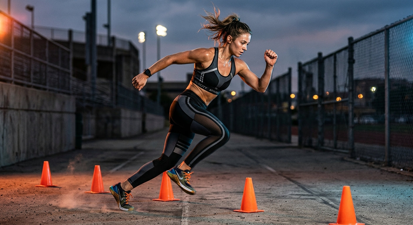 A dynamic, high-contrast shot of a fitness enthusiast mid-agility drill wearing modern hybrid workout gear and high-performance trainers.