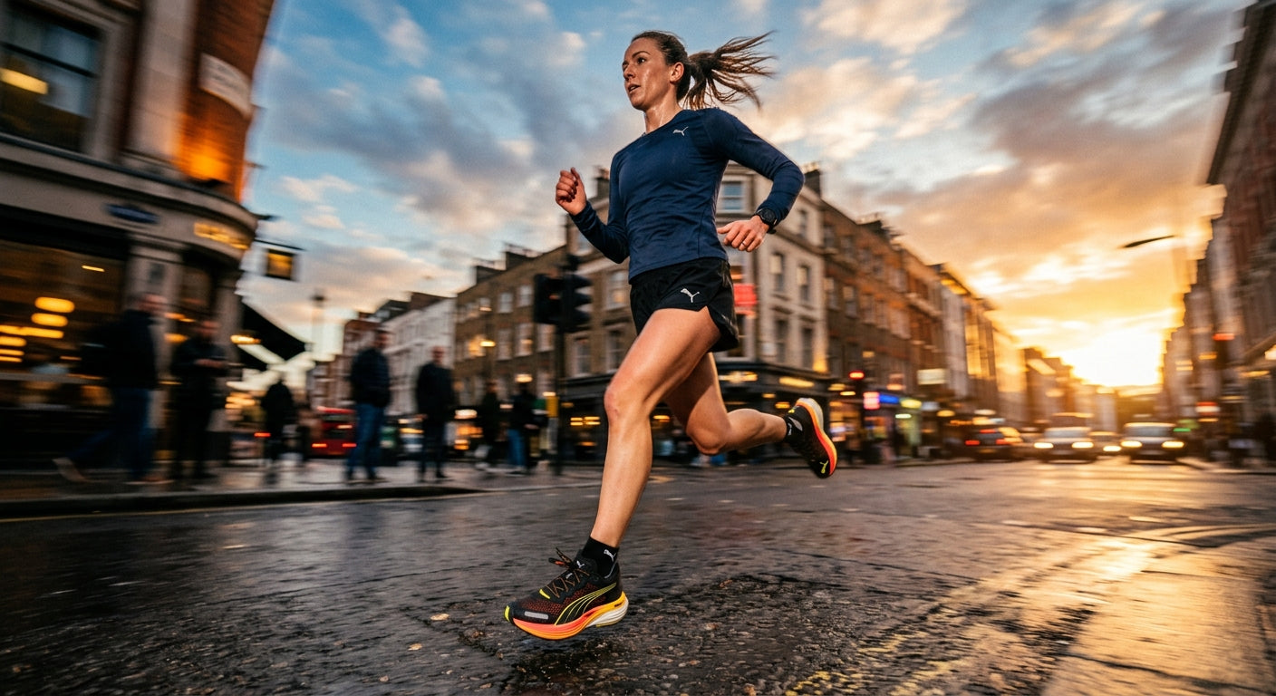 A dynamic low-angle shot of a runner wearing the Puma MagMax Nitro 2 with motion blur on a city street.