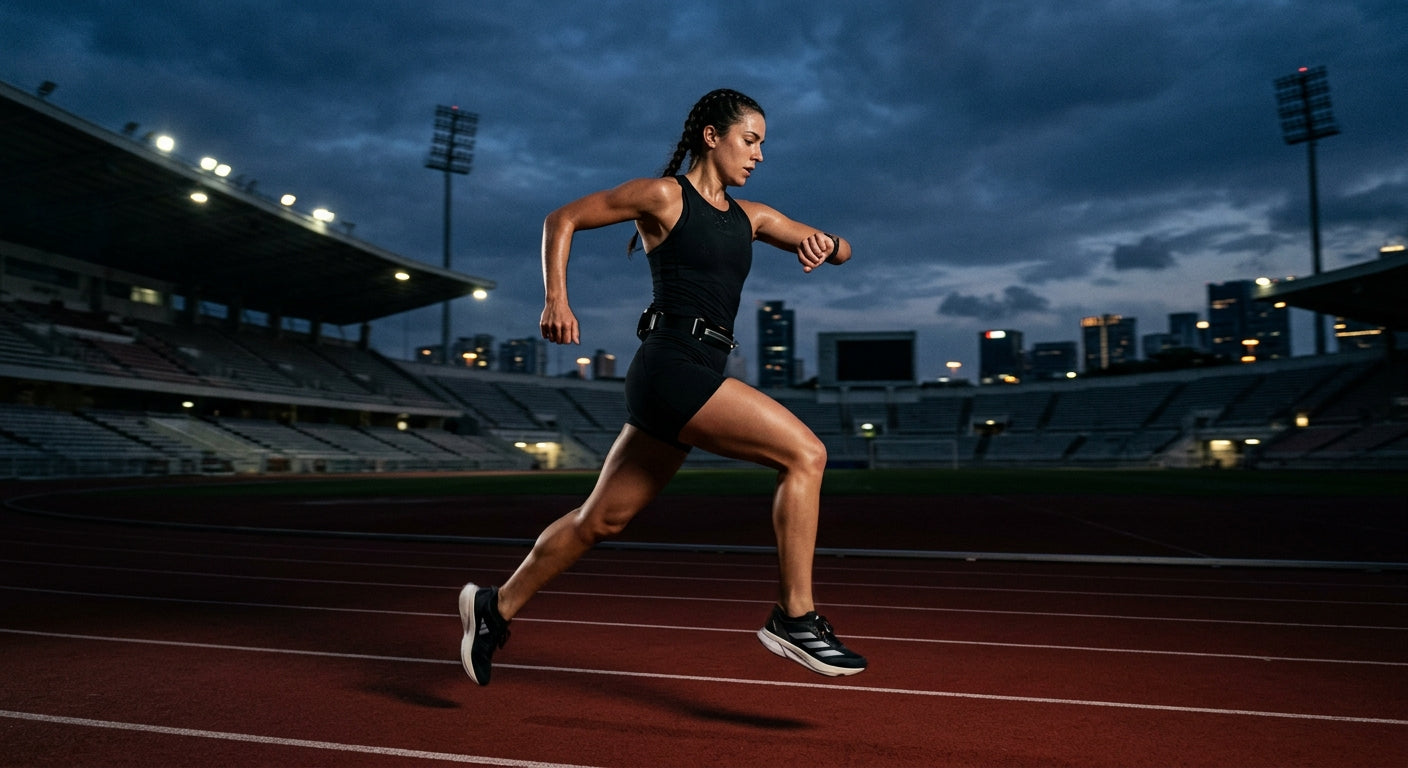 A fitness enthusiast checking a smartwatch for cadence data while sprinting across a professional stadium, with moody contrast and sharp fine details.