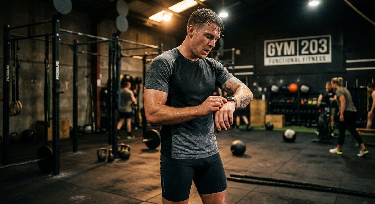 A fitness enthusiast checking their performance metrics on a sleek smartwatch after completing a gruelling functional fitness circuit.