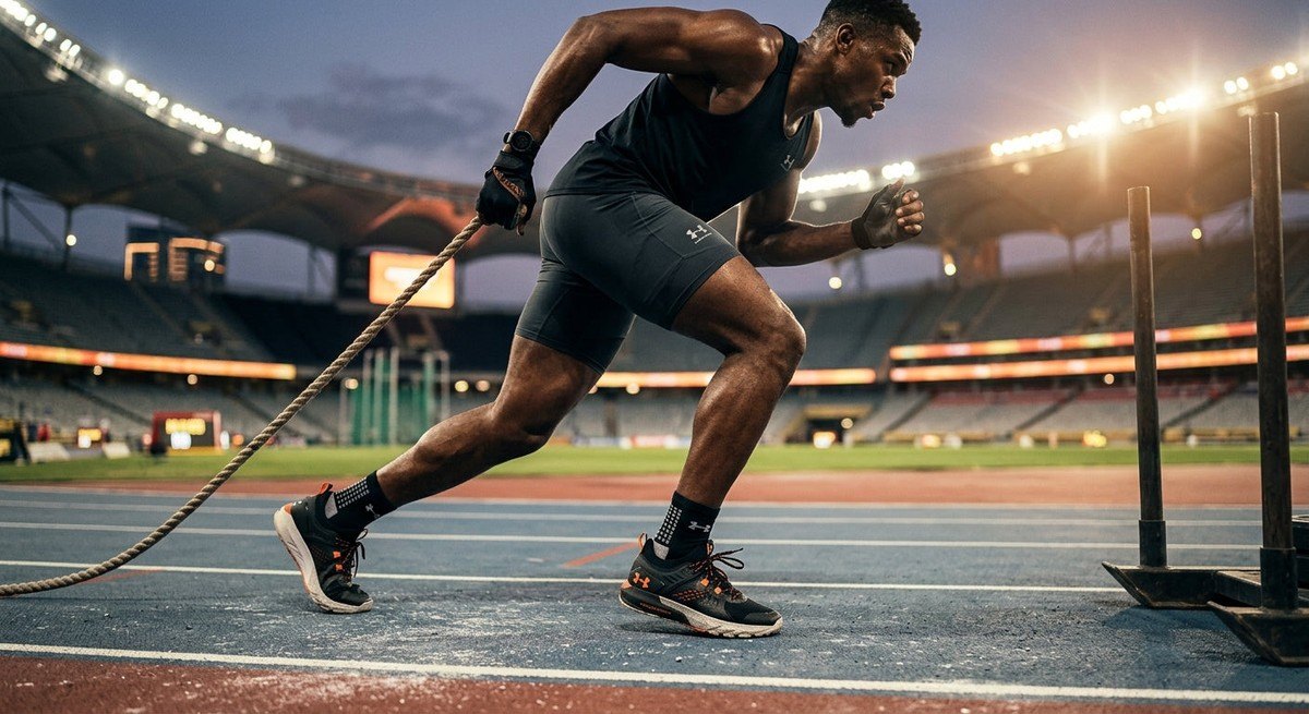 A fitness enthusiast in premium gym apparel training for a hybrid competition, featuring sharp focus on the footwear and cinematic, professional stadium lighting.