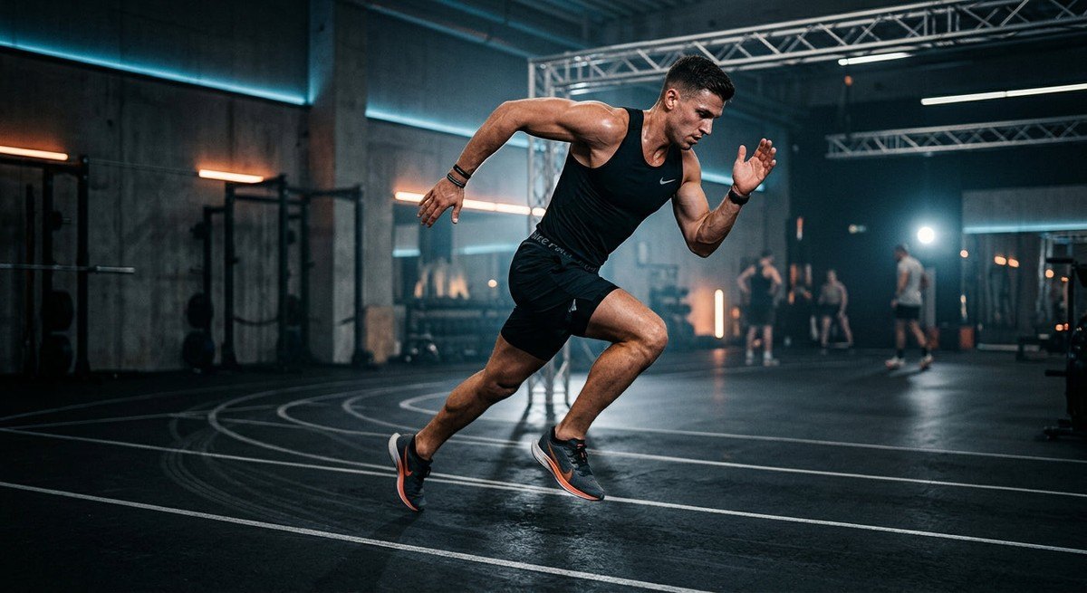 A fitness enthusiast mid-stride during a high-intensity interval run in a modern, moody athletic facility.