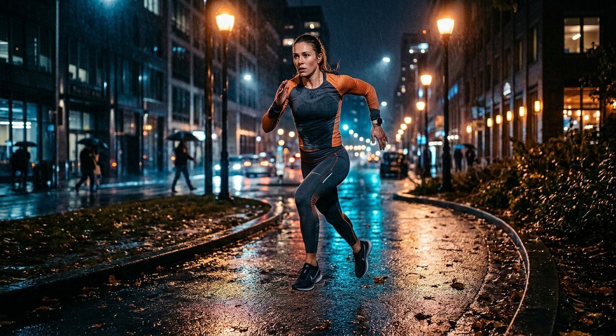 A fitness enthusiast performing a high-intensity interval surge along a moody, rain-slicked city path, illuminated by cinematic street lighting.