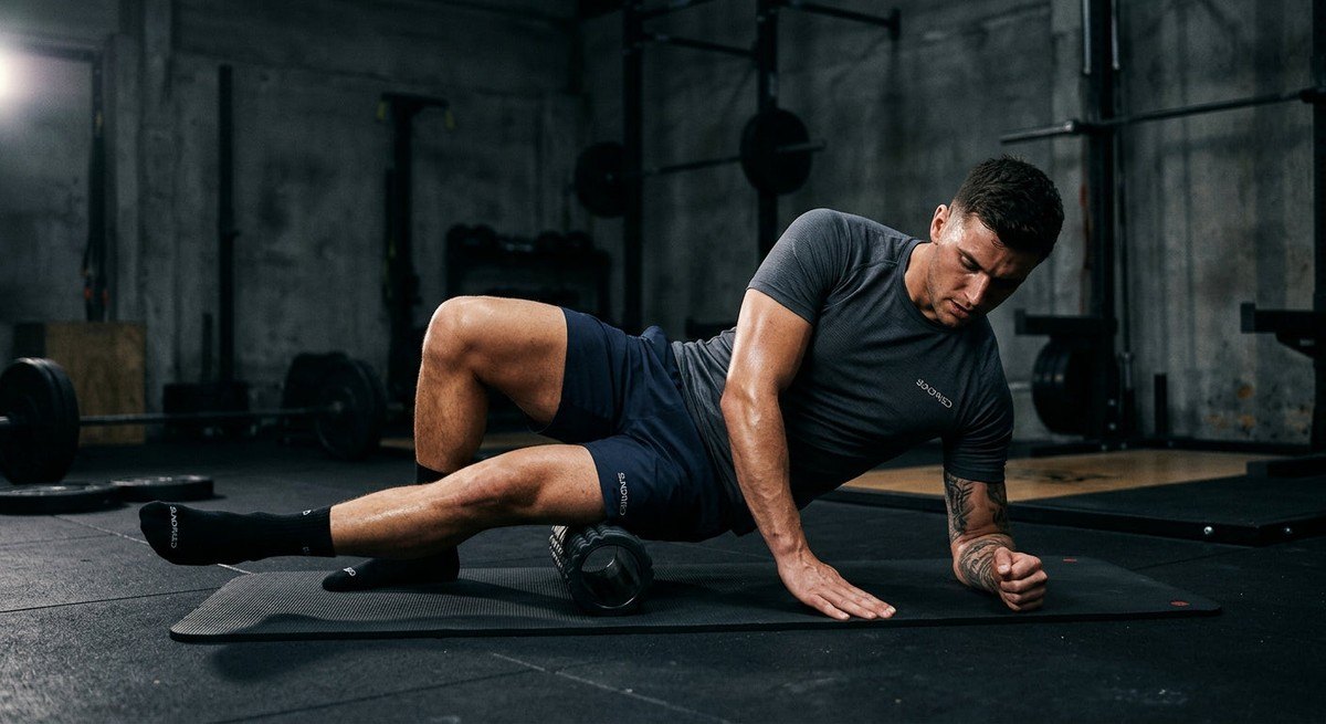 A fitness enthusiast performing a recovery session with a foam roller, wearing Sundried technical gear, captured in a dramatic, dark athletic environment.