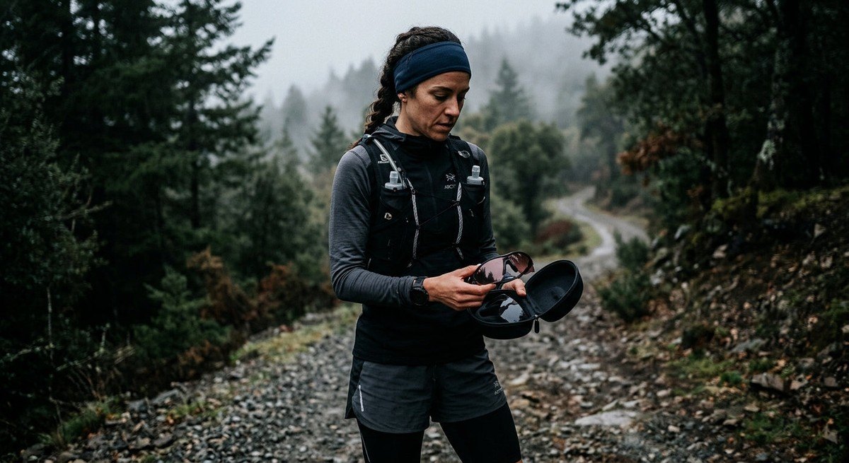 A fitness enthusiast preparing for a trail run, holding a high-performance eyewear frame with a spare lens in a protective case, moody atmosphere.