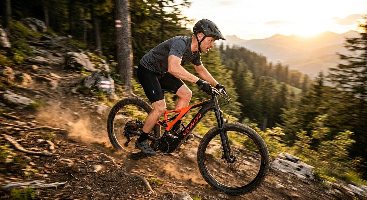 A fitness enthusiast riding a powerful e-bike up a steep incline, motion blur capturing the speed and intensity of the motor's output