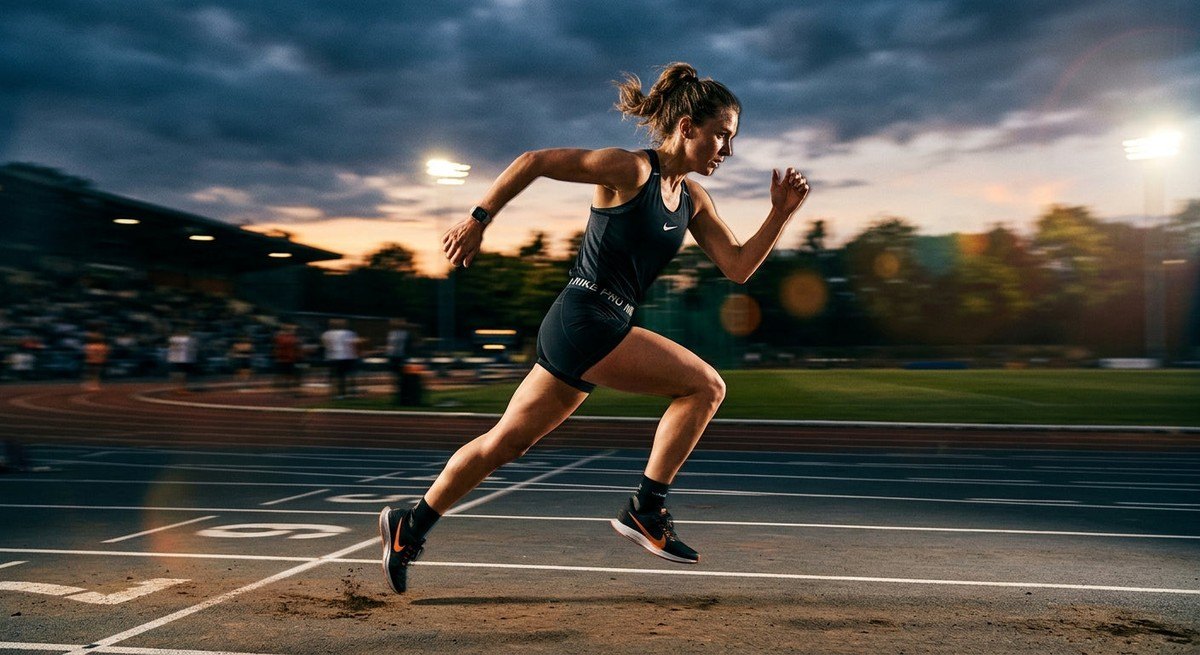 A fitness enthusiast running at high speed on a track with motion blur and cinematic contrast.