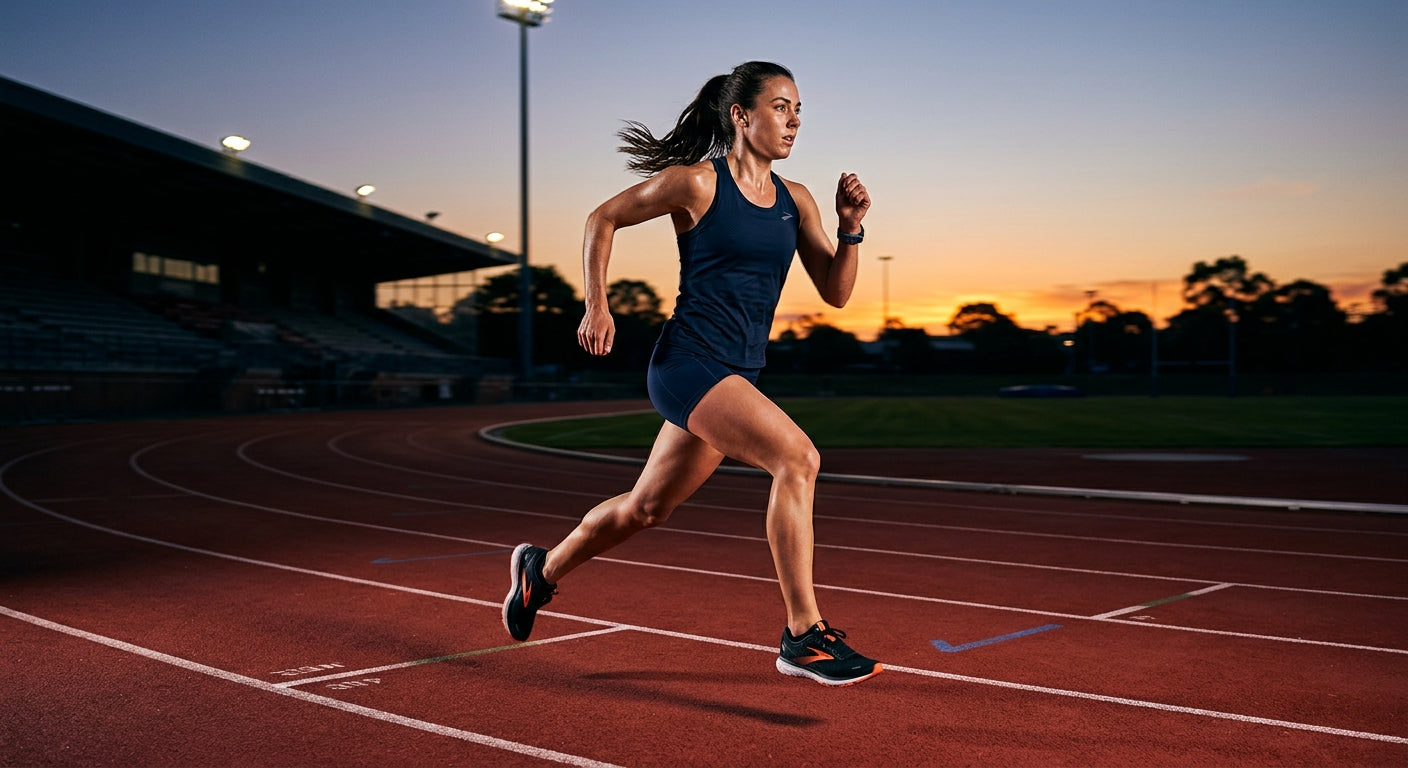 A fitness enthusiast running on a track at dusk, captured with high-speed photography and sharp contrast.