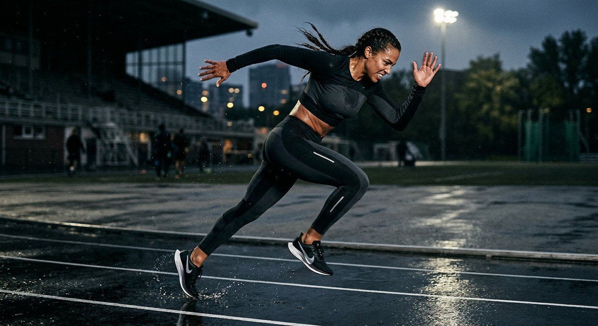 A fitness enthusiast sprinting during a high-intensity training session, captured with sharp detail and moody, high-contrast athletic photography.