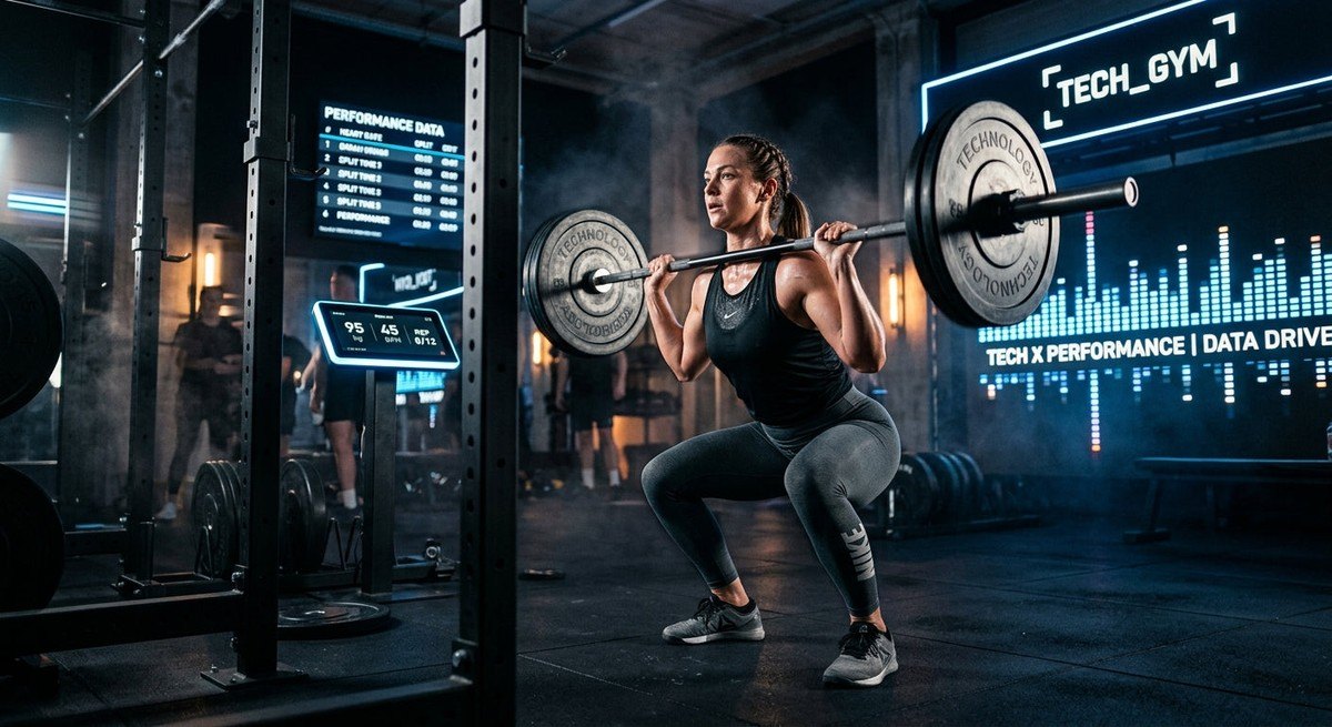 A fitness enthusiast training in a high-contrast, atmospheric gym setting with motion blur, symbolising the intersection of technology and human performance.