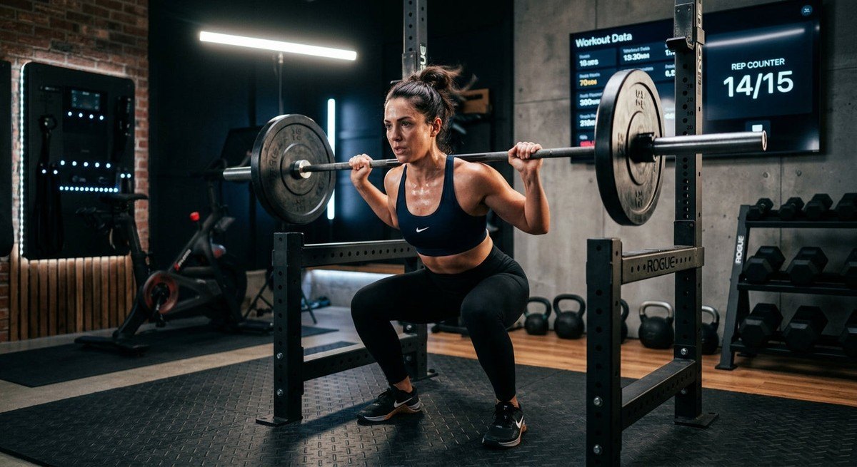 A fitness enthusiast training in a high-tech home gym with motion blur and sharp professional lighting.