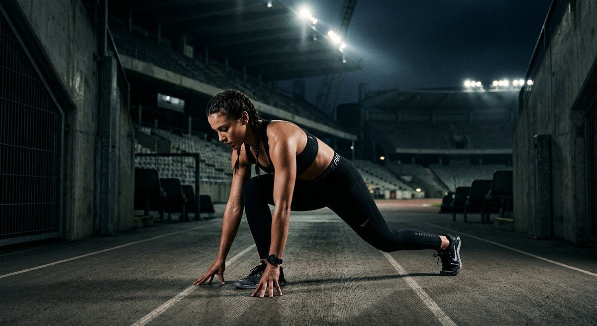A fitness enthusiast warming up in a dark, atmospheric stadium environment with sharp, high-contrast lighting.