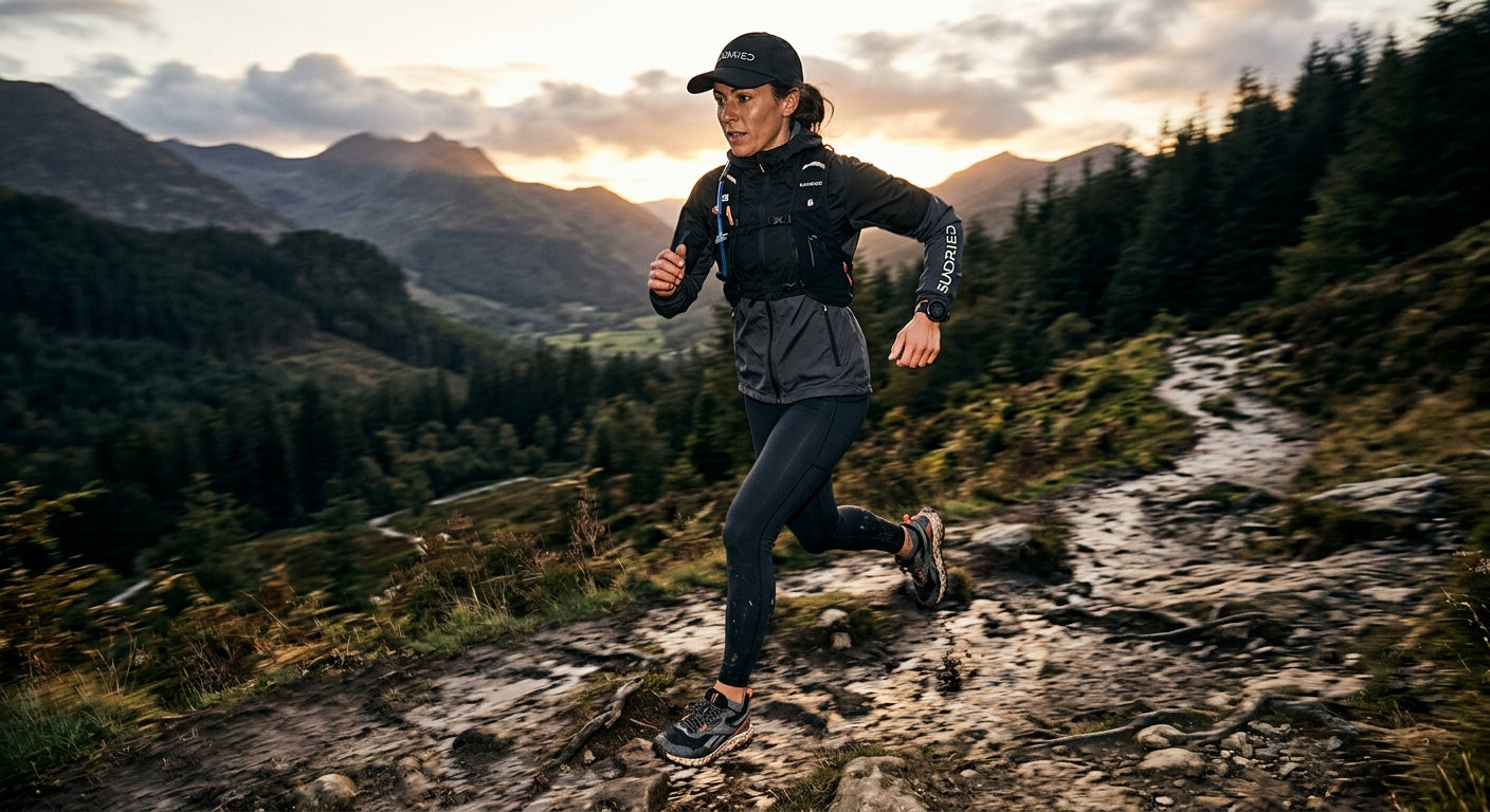 A fitness enthusiast wearing all-weather Sundried gear and the Reebok Floatride Energy 6 Adventure, captured in a cinematic motion blur during a rugged trail run.