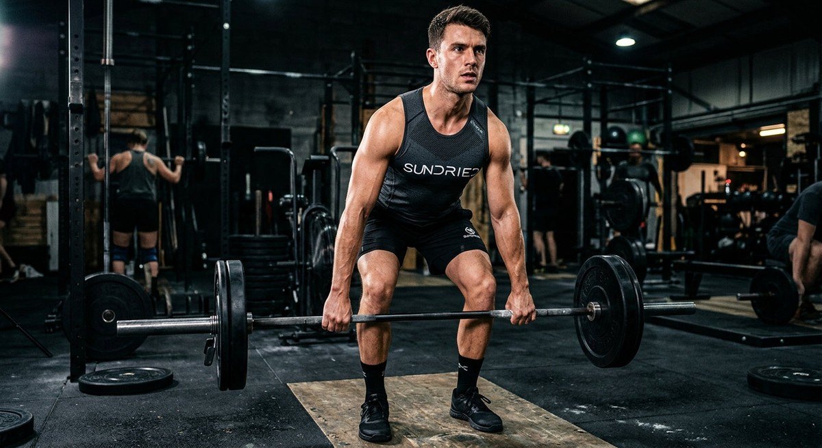 A fitness enthusiast wearing Sundried performance apparel, captured in a high-contrast gym setting to highlight fabric texture.