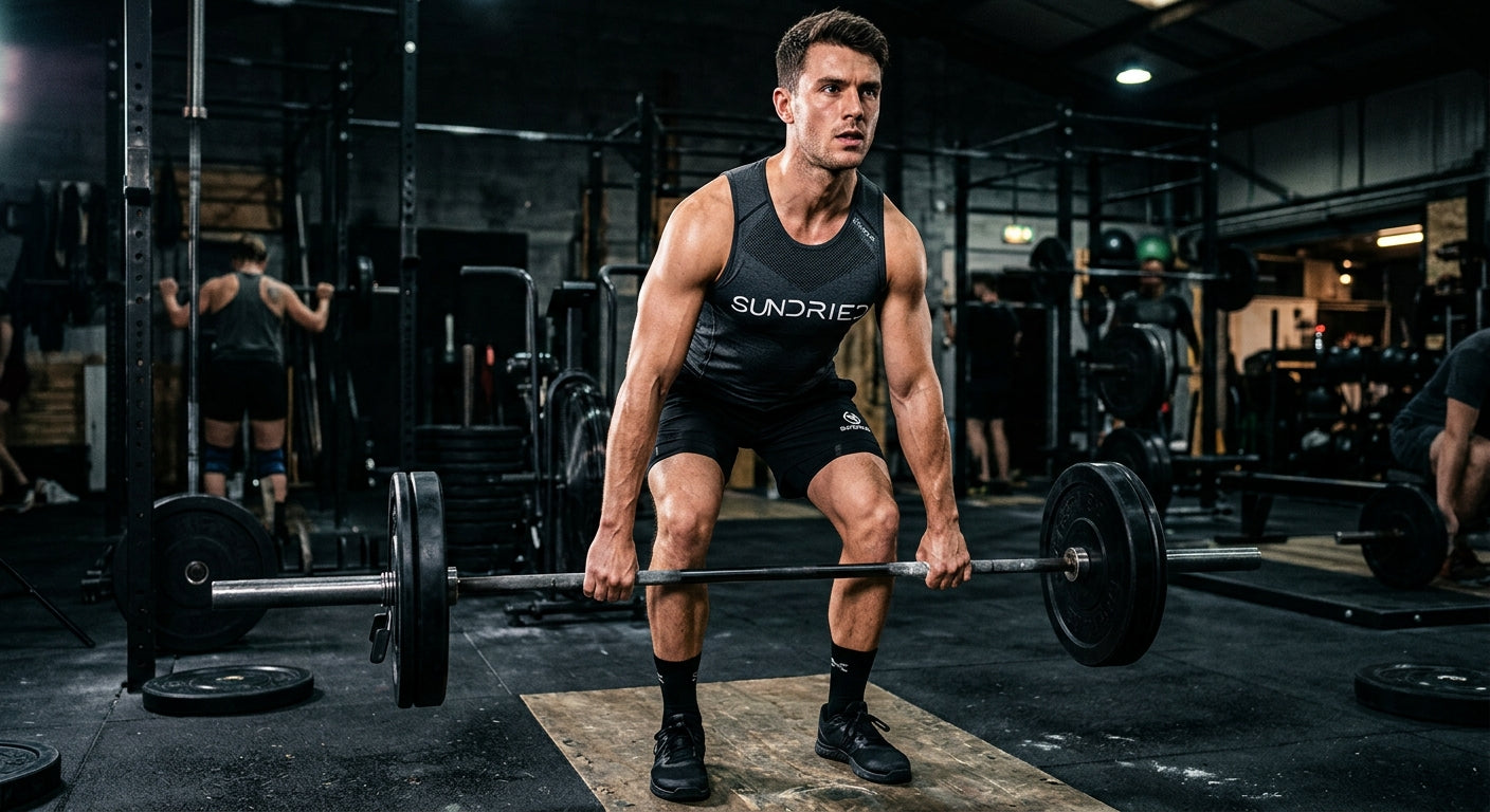A fitness enthusiast wearing Sundried performance apparel, captured in a high-contrast gym setting to highlight fabric texture.