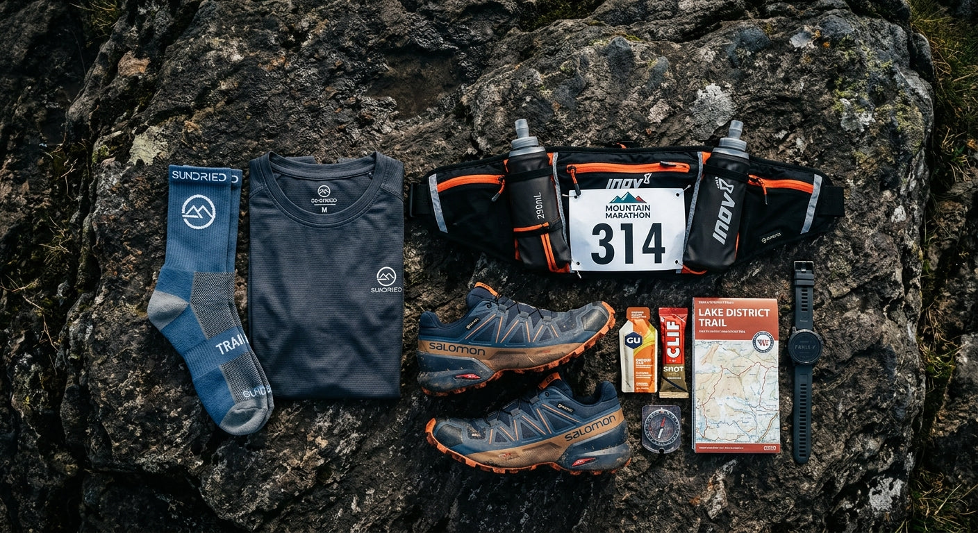 A flat-lay composition of professional trail running gear including Sundried socks and a hydration belt, arranged neatly on a dark, textured rock surface.