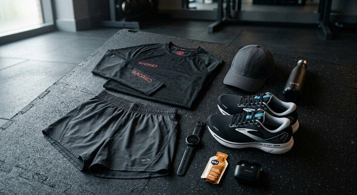 A flat-lay composition showing a Sundried long-sleeve running top, ergonomic shorts, a running cap, and a pair of Brooks Ghost 17 shoes on a dark, professional gym surface.