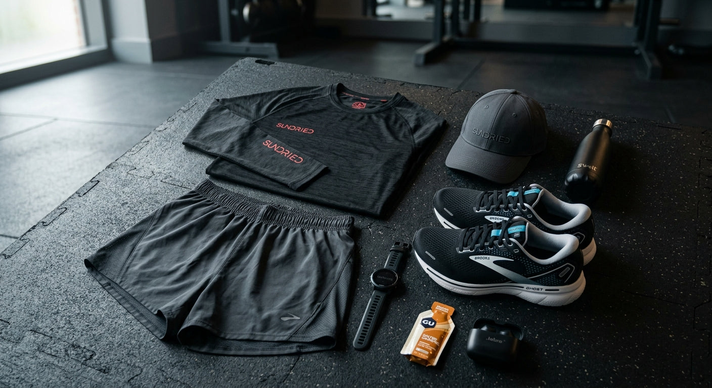A flat-lay composition showing a Sundried long-sleeve running top, ergonomic shorts, a running cap, and a pair of Brooks Ghost 17 shoes on a dark, professional gym surface.
