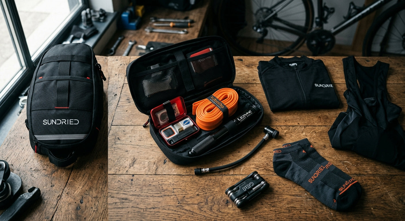 A flat-lay photograph of a Sundried saddle bag containing a compact repair kit, a TPU inner tube, and a small pump.