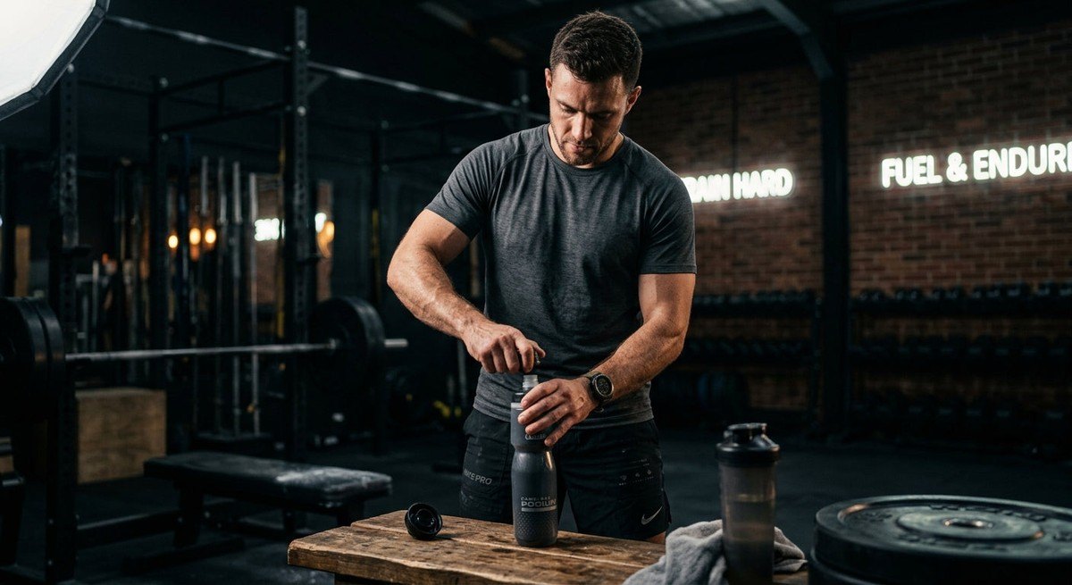 A focused athlete preparing their hydration gear in a professional, moody gym environment with sharp details and professional athletic aesthetic.