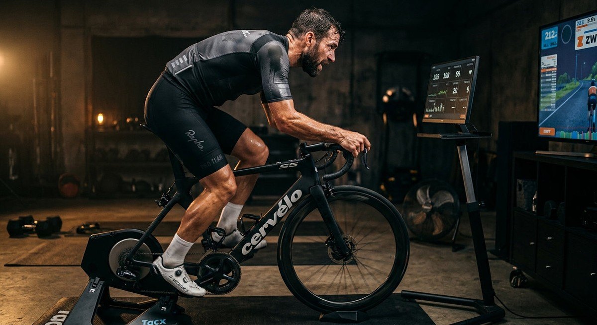 A focused athlete pushing hard on a smart trainer, with cinematic lighting emphasising the intensity and sweat of a threshold workout.