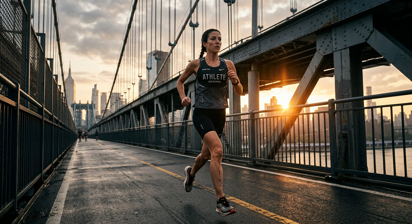 A focused endurance athlete training on a city bridge during sunrise, capturing a cinematic and gritty aesthetic