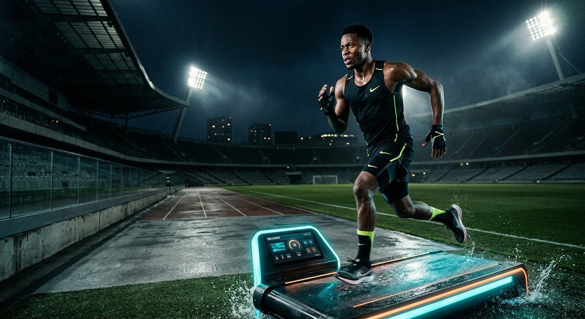 A futuristic, moody photograph of athletic recovery equipment in a stadium setting with sharp textures and high-speed motion elements.
