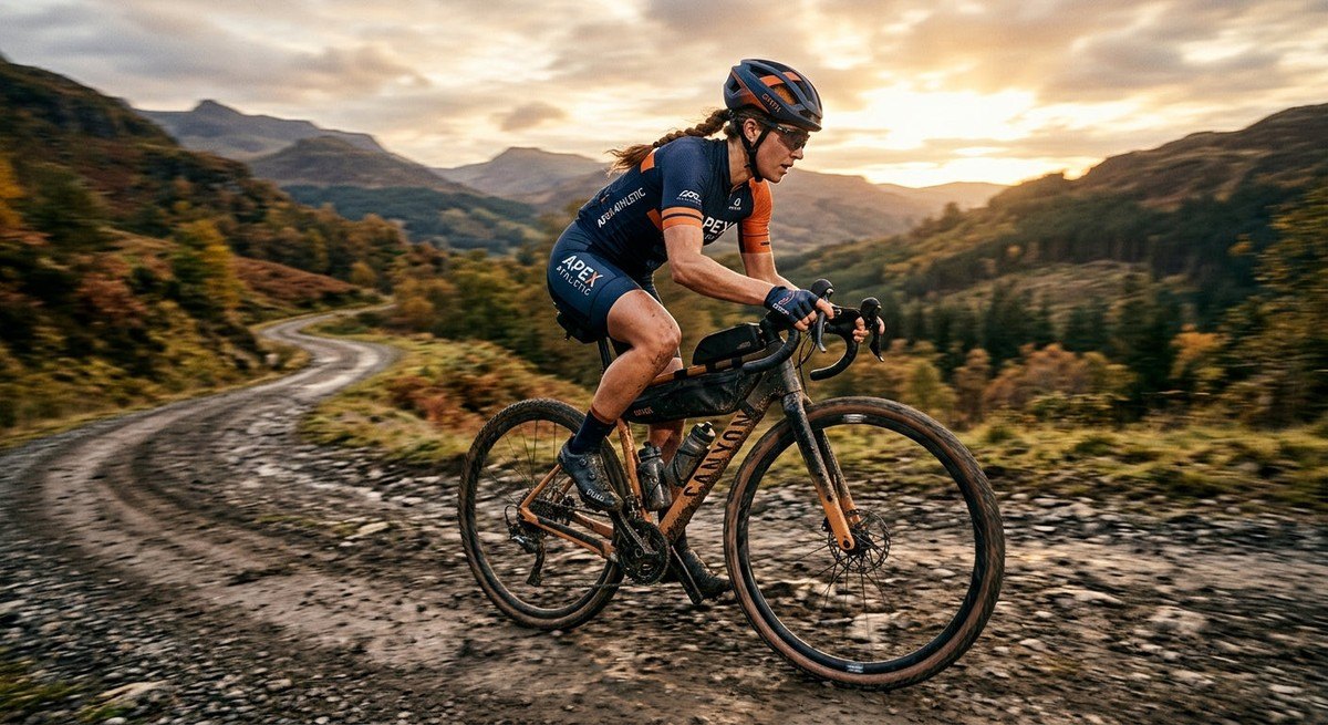 A gravel bike in motion on a rugged track with professional athletic photography style and motion blur
