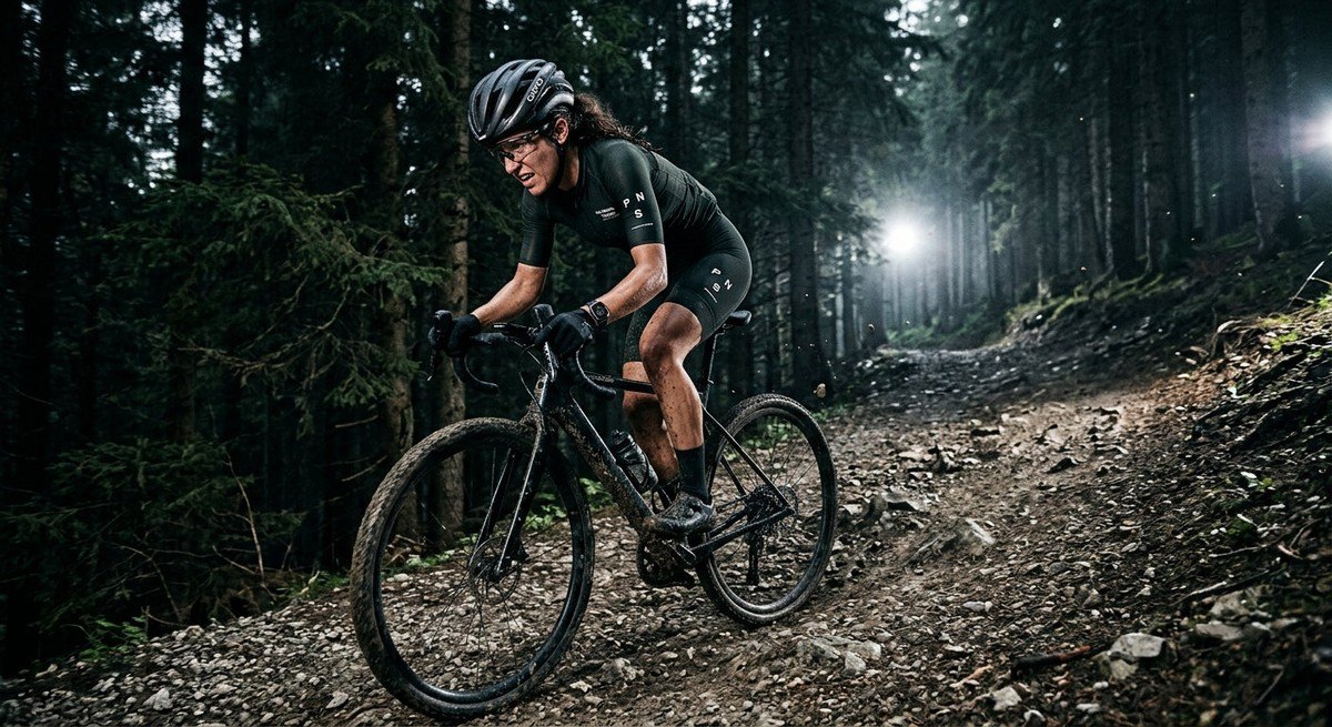 A gravel cyclist pushing hard on a steep dirt trail with sharp high-contrast details, wearing a GPS tracker and a fitness watch, surrounded by dark moody woods and cinematic stadium lighting.