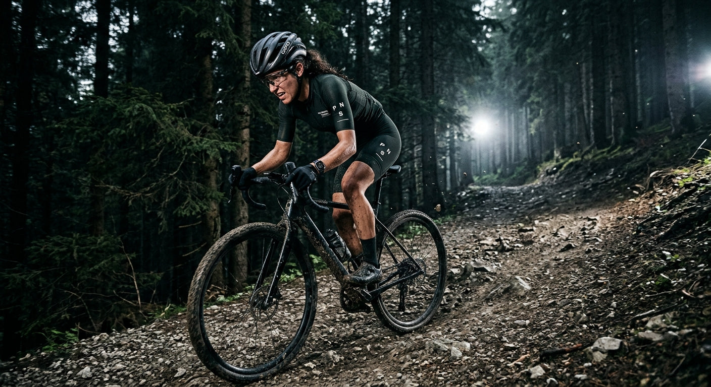 A gravel cyclist pushing hard on a steep dirt trail with sharp high-contrast details, wearing a GPS tracker and a fitness watch, surrounded by dark moody woods and cinematic stadium lighting.