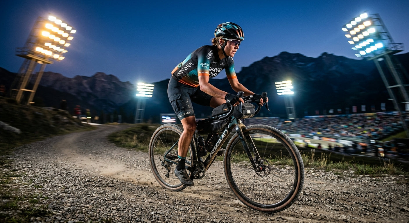 A gravel cyclist wearing a professional jersey and cargo bibs, riding through a dramatic stadium-lit trail at twilight, emphasizing speed and motion blur.