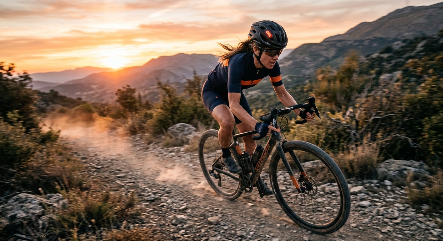 A gravel rider on a rugged trail at sunset, captured in high-speed motion with sharp focus on the safety telemetry features of their smart helmet.