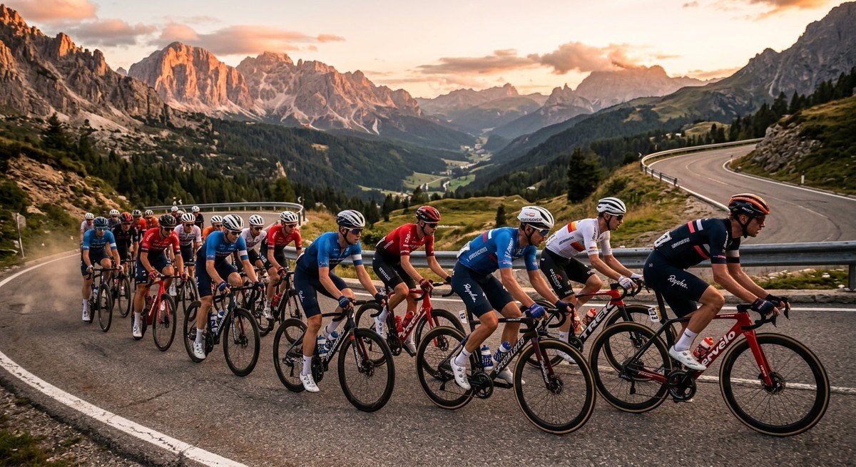 A group of cyclists riding in a tight peloton formation through a dramatic, rugged European landscape at sunset.