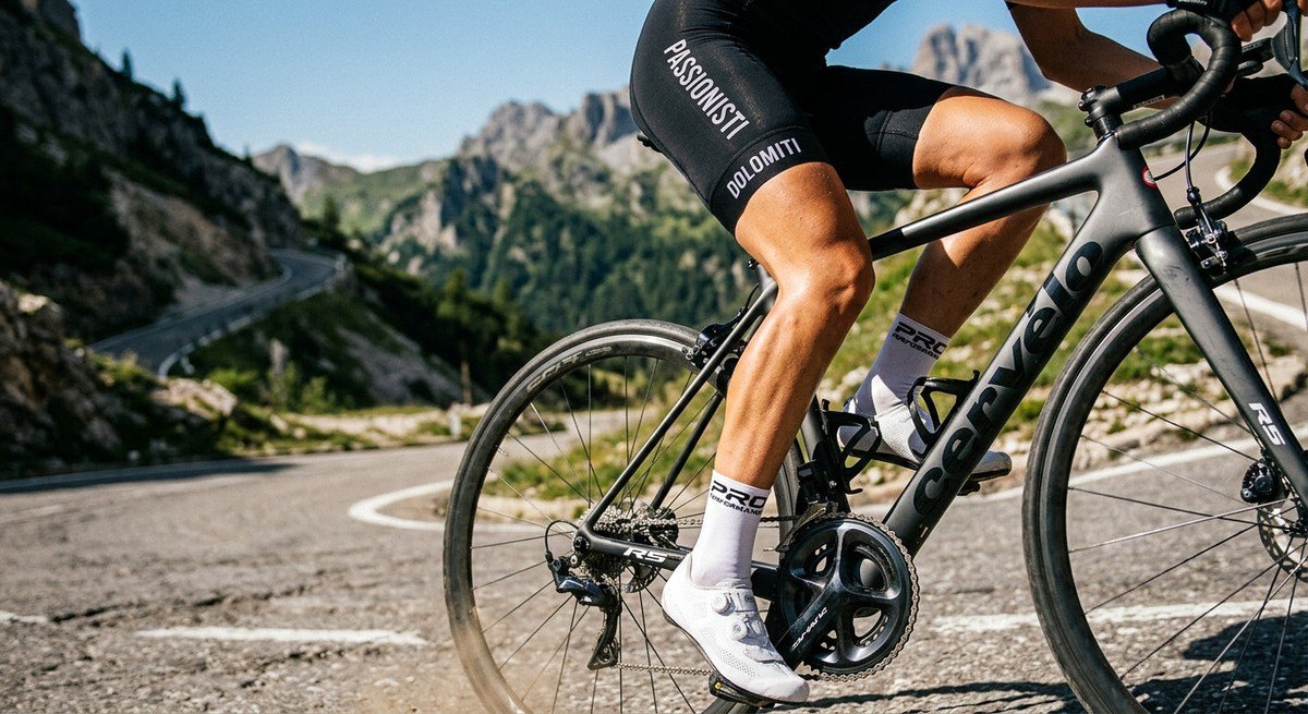 A high-contrast close-up of a cyclist's legs powering through a steep climb on a sun-drenched European road.