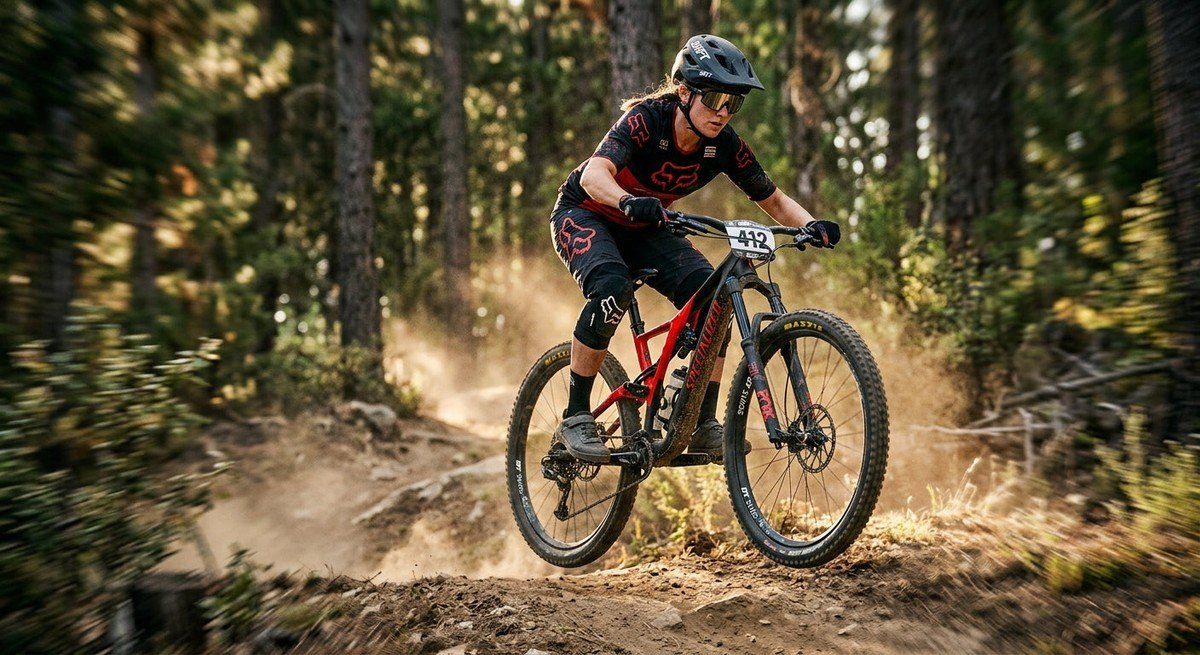 A high-speed action photograph of a mountain biker wearing Shift Split Mag glasses with a blurred trail background.
