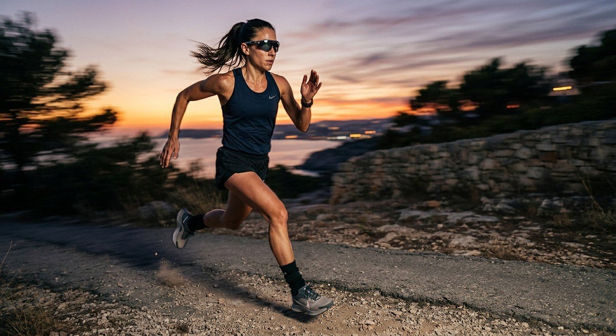 A high-speed action photograph of a runner at dusk wearing sleek athletic sunglasses with motion blur in the background.