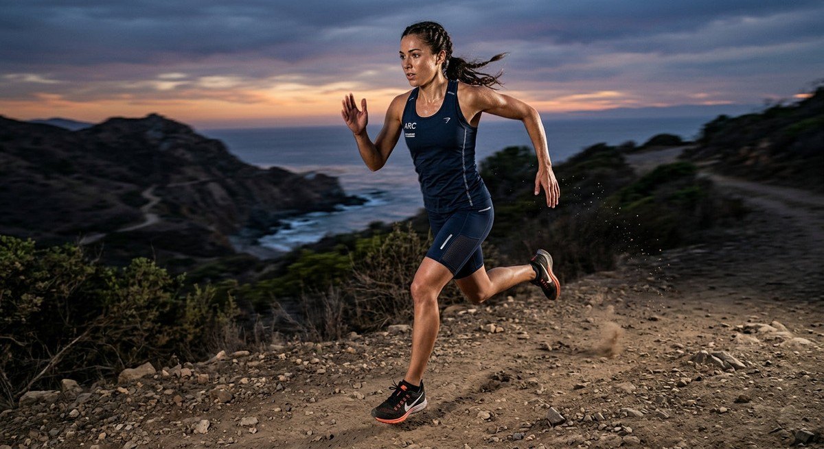 A high-speed action shot of a female runner at dusk, featuring dramatic contrast and sharp details of athletic performance wear.