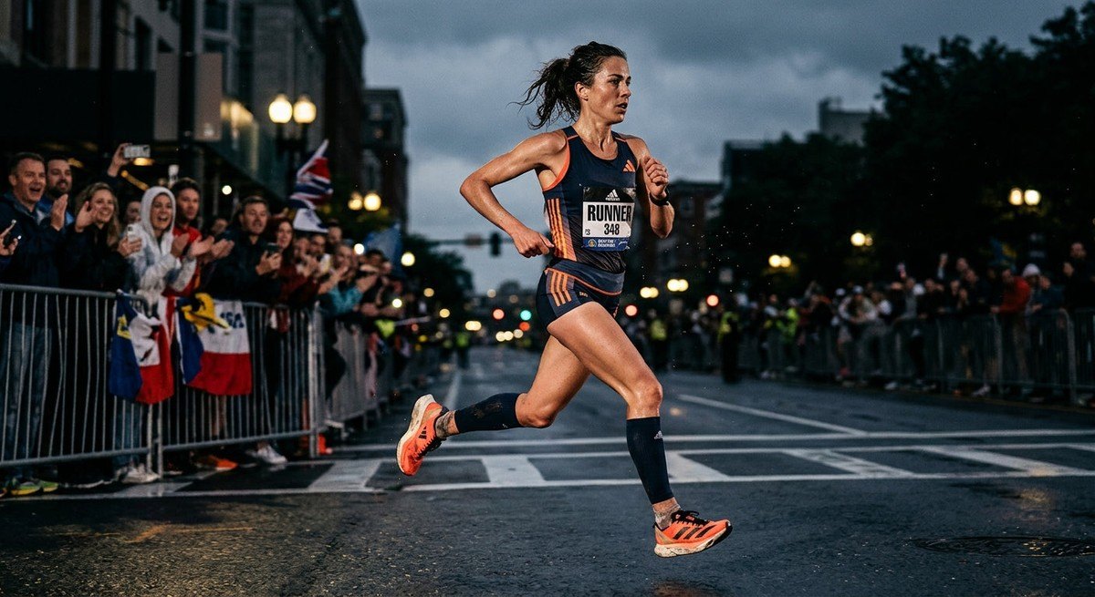 A high-speed action shot of a marathon runner in motion, featuring sharp details and moody contrast.