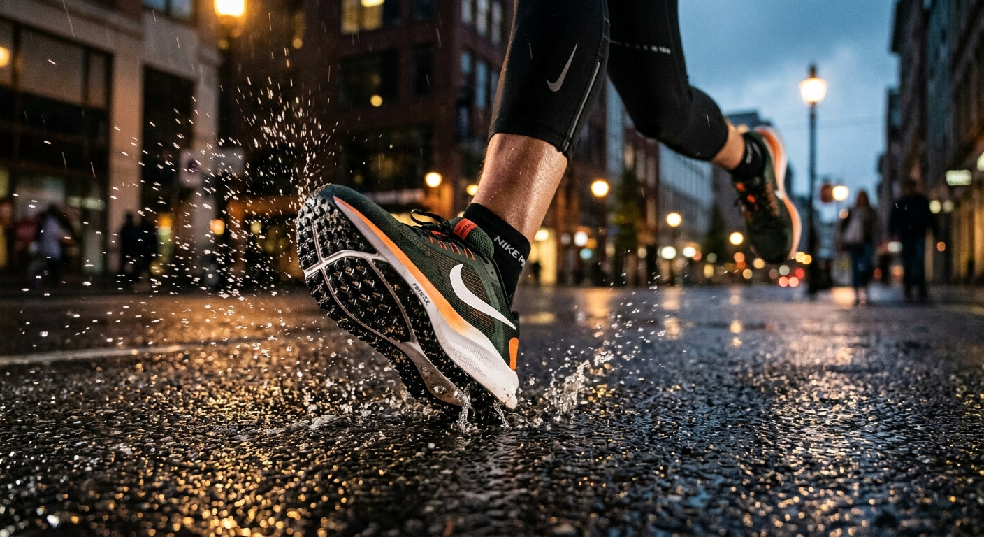 A high-speed action shot of a runner's feet striking a wet urban pavement, showcasing the detailed tread pattern of the Pegasus 42 outsole with dramatic cinematic lighting.