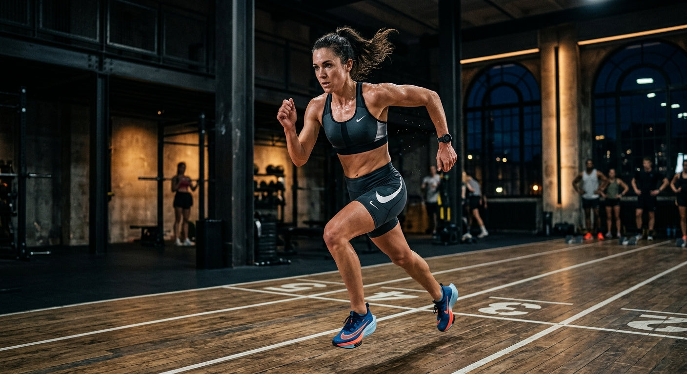 A high-speed action shot of a runner training indoors, capturing sweat and intense focus with a dark, architectural gym background.