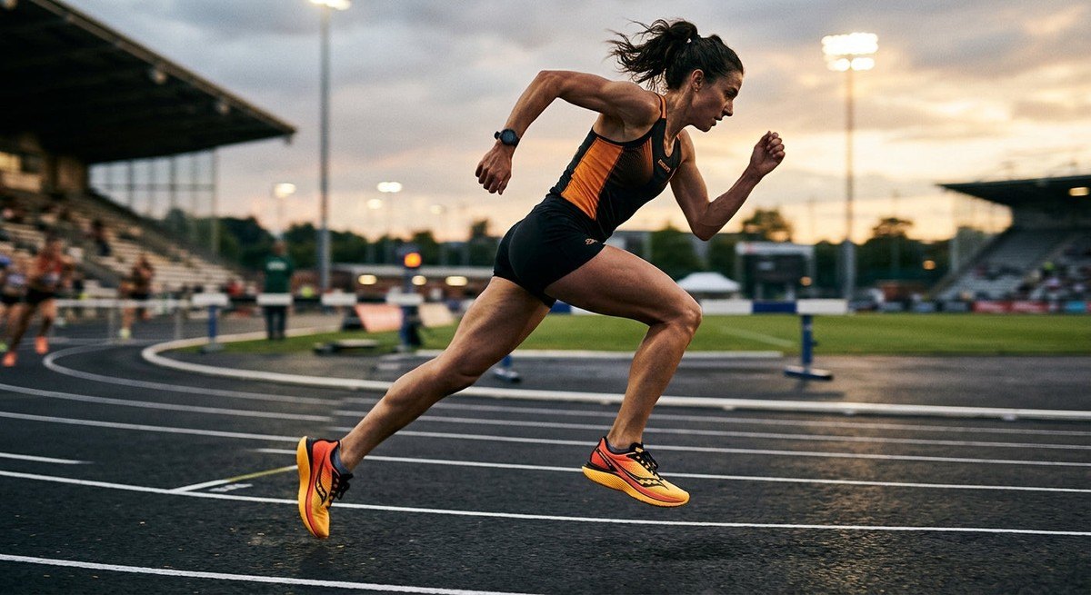 A high-speed action shot of a runner wearing the Saucony Endorphin Elite 3, captured with sharp focus on the shoe against a blurred track background.