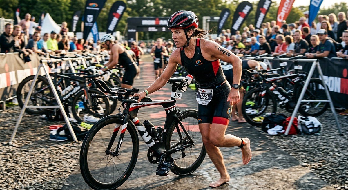 A high-speed close-up of a triathlete grabbing their bike in the transition area, showing focus and intense athletic motion.
