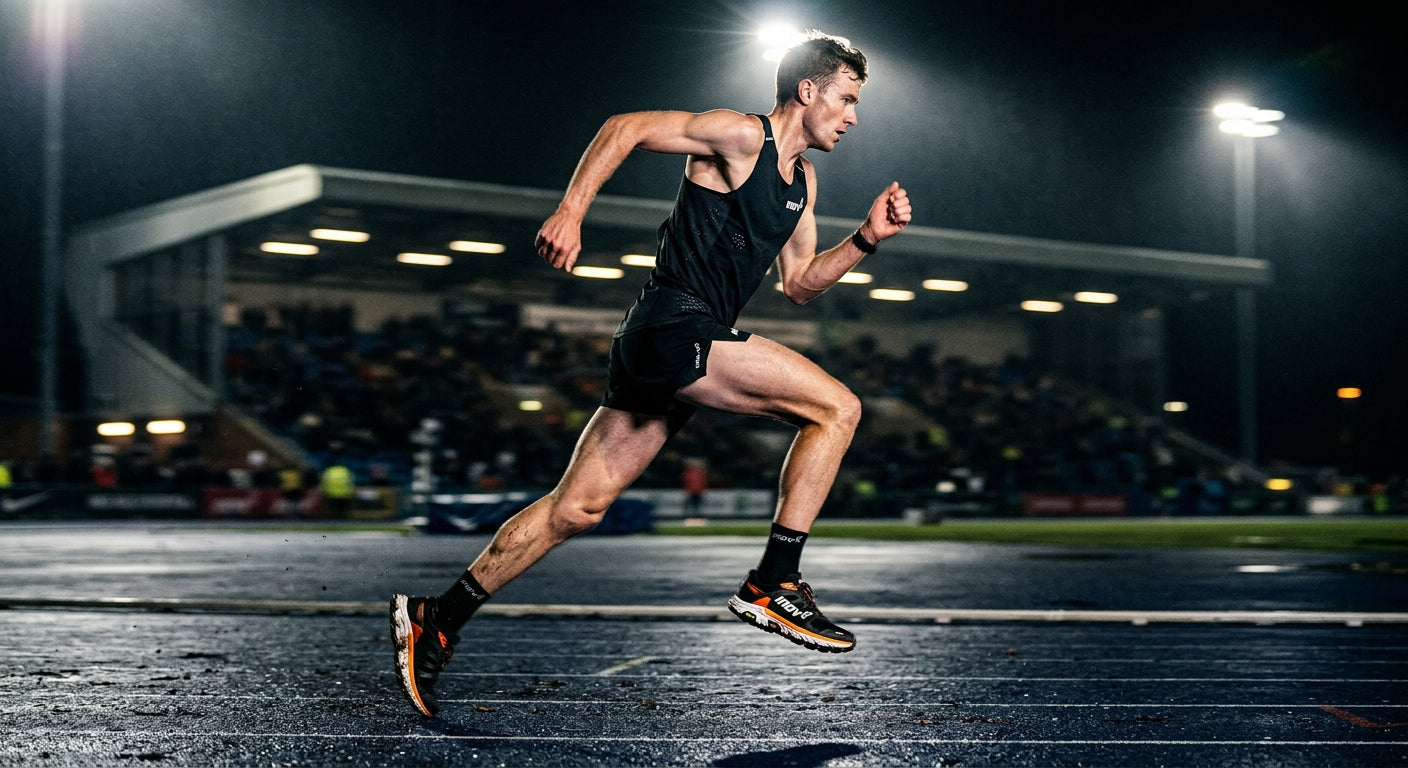 A high-speed side profile of a runner wearing Inov8 Trailfly Pro shoes, captured in dramatic stadium lighting with motion blur highlighting the carbon-infused sole.