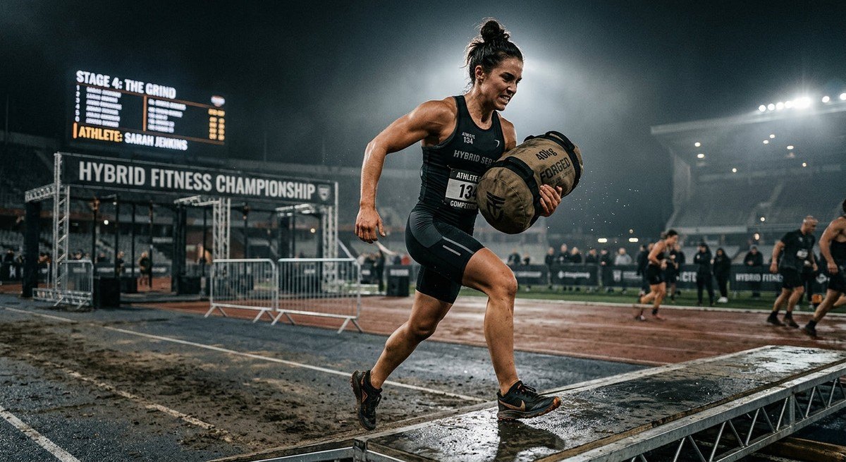 A hybrid athlete performing a high-intensity transition in a moody, cinematic stadium setting, capturing the essence of elite fitness competition.