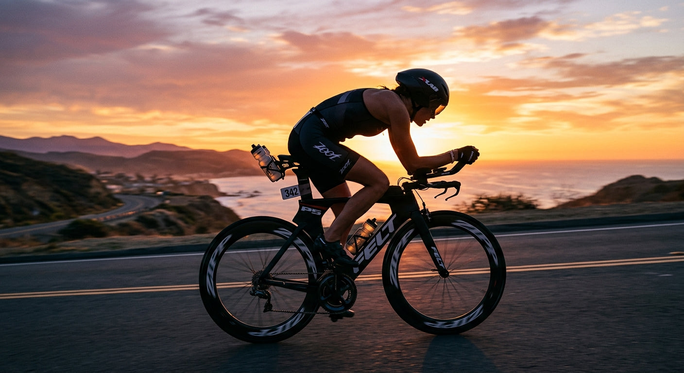 A long-course triathlete silhouette riding through a sunset landscape, highlighting the aerodynamic profile of their rear saddle hydration mount and race-fit trisuit.