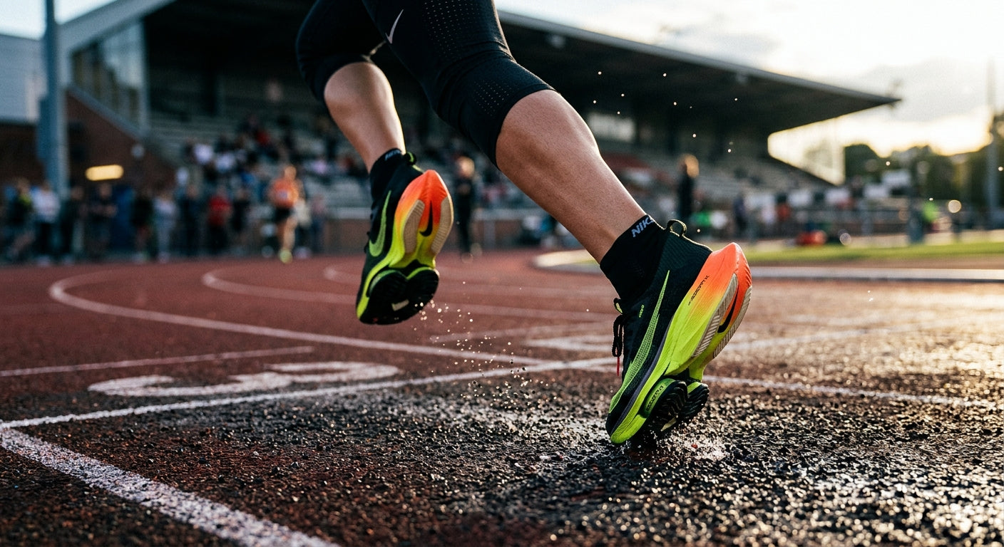 A low-angle, dynamic shot of a runner's feet hitting the track, showcasing the advanced outsole design and structural geometry of the new Nike model.