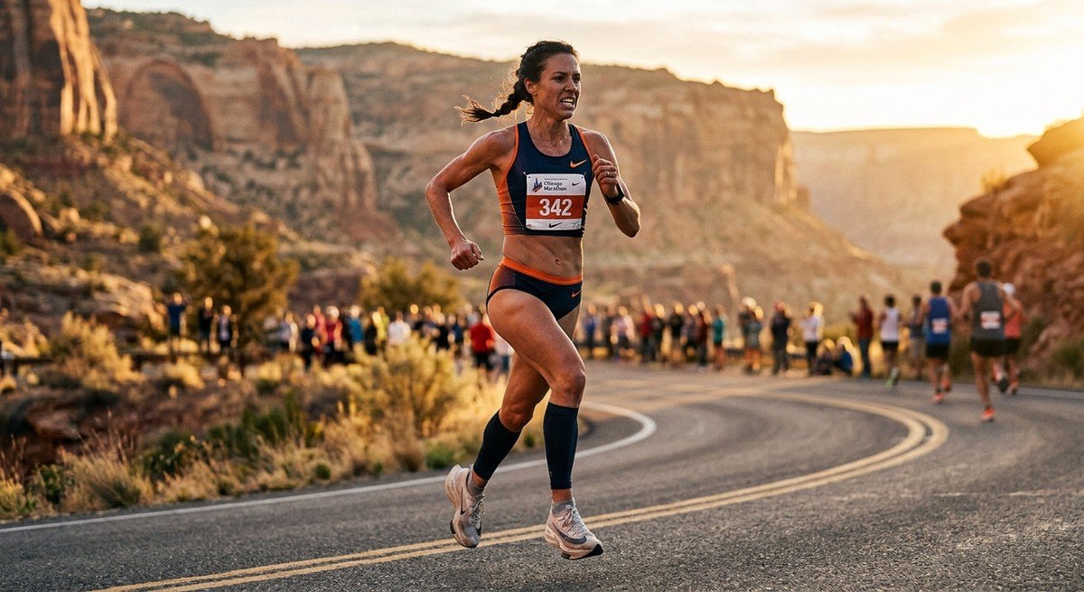 A marathon runner in mid-stride, captured with sharp focus and cinematic contrast, showing intense concentration and athletic prowess in a warm environment.
